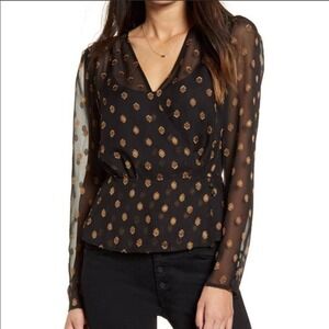 WAYF Womens Wrap Blouse Navy Gold Diamond Sheer Long Sleeve Size M Shoulder Pads